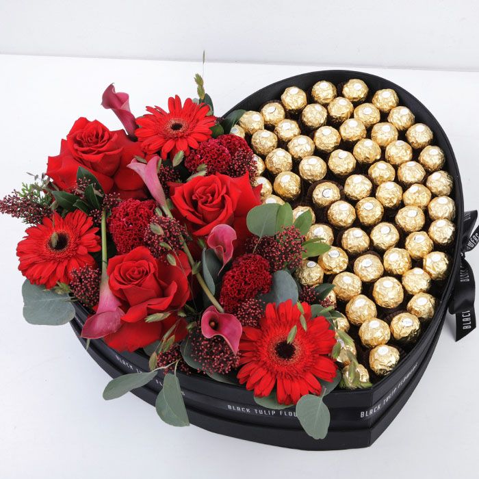 Chocolate Box with Red Flowers - Flower Delivery Dubai, UAE