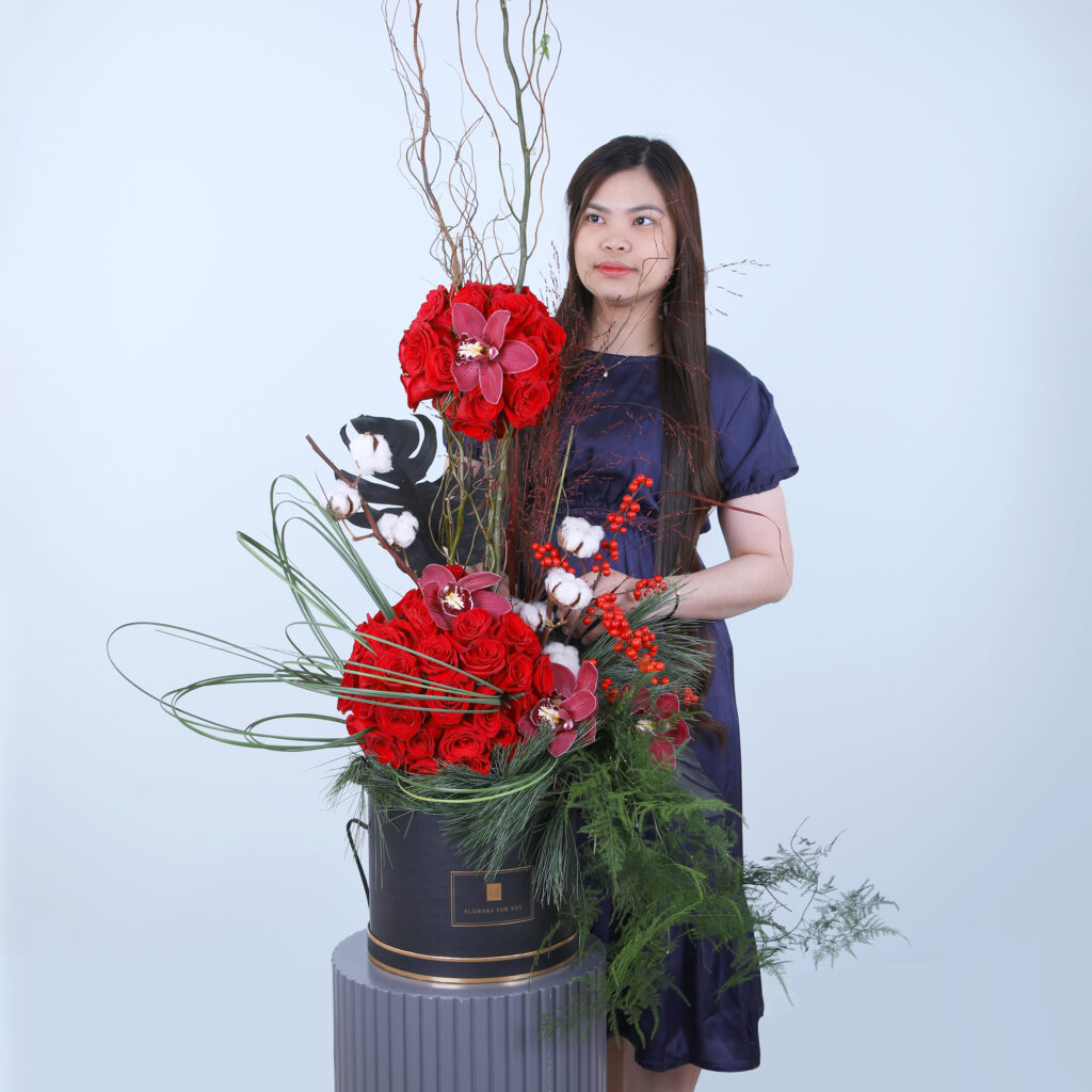 Red Roses With Ilex Berry, Cotton & Salix Stick 